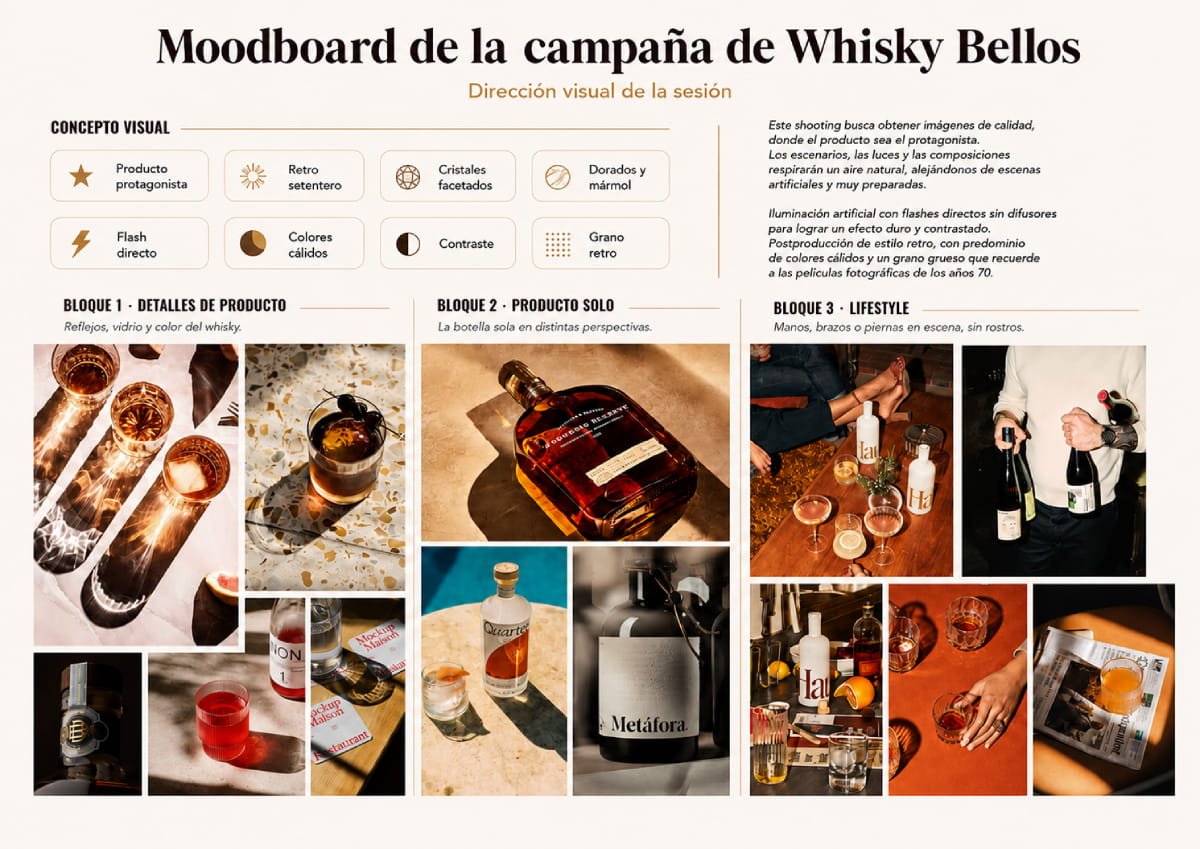 Moodboard de la campaña de Whisky Bellos con la dirección visual de la sesión y sus tres bloques fotográficos