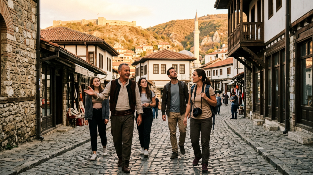 Travelers walking along a cobblestone street in a historic hillside town