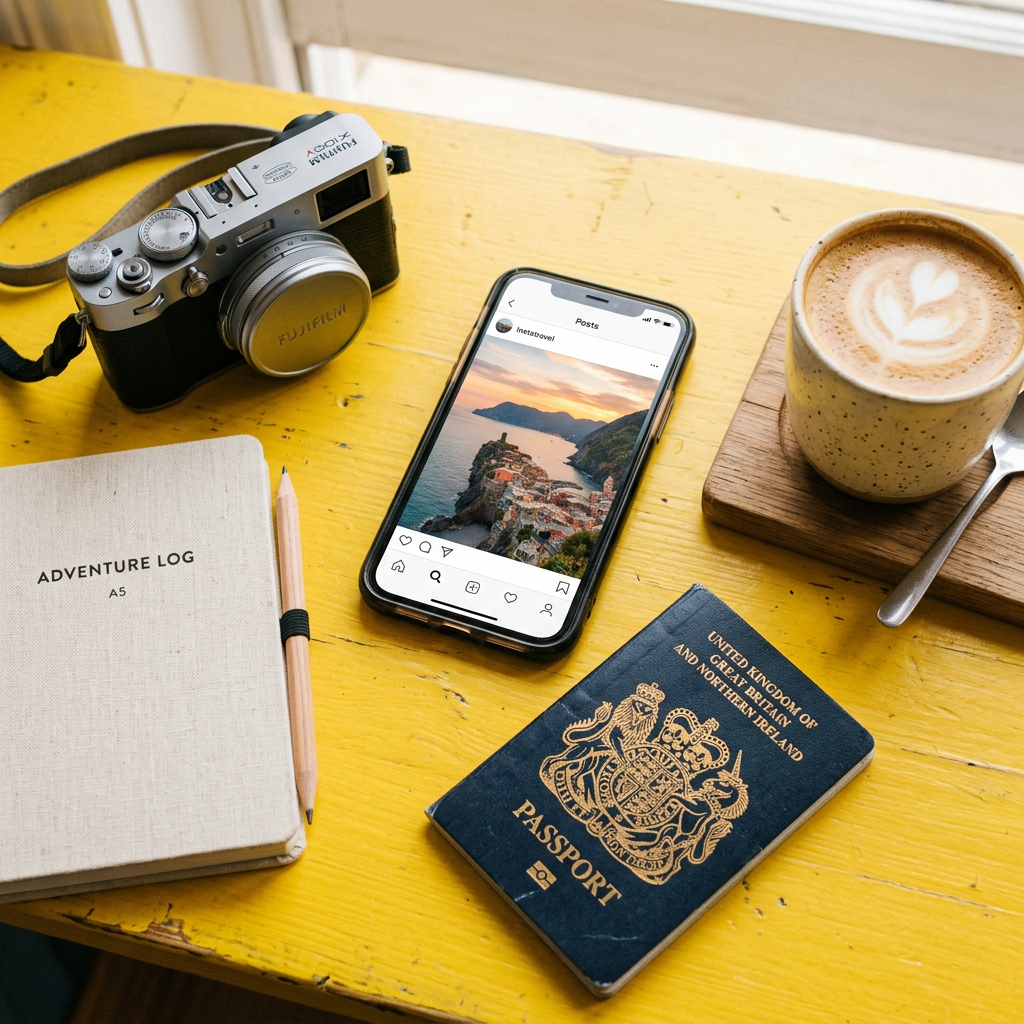Camera, travel journal, passport, phone with scenic post, and coffee on yellow table