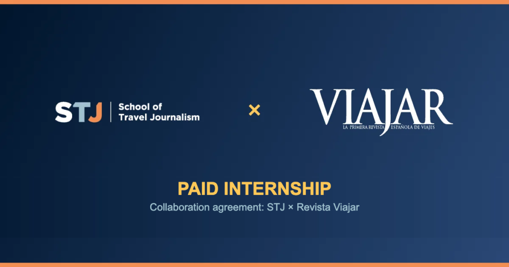 Logos of School of Travel Journalism and Revista Viajar announcing their paid internship partnership