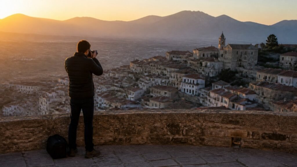 Travel photographer framing a hillside old town at sunrise from a stone terrace