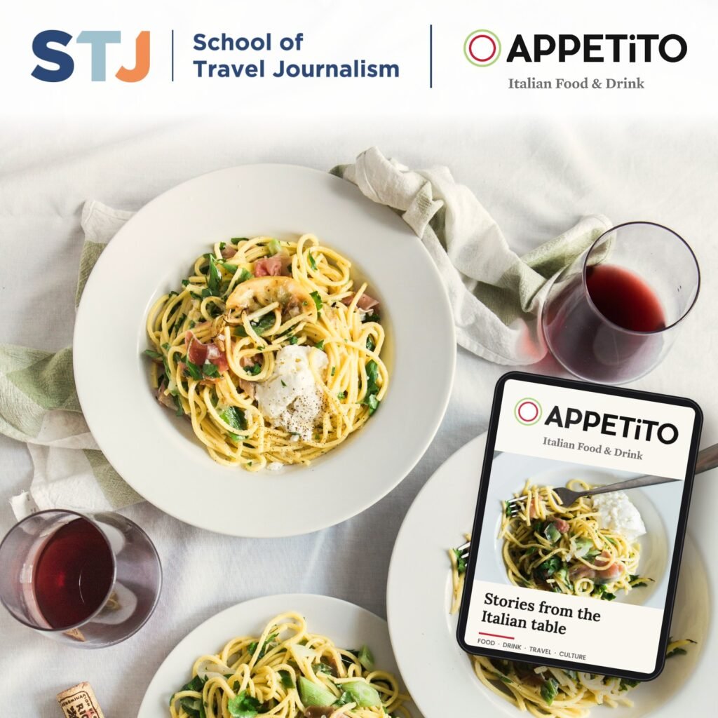 STJ and Appetito logos above a table with plates of Italian pasta, red wine and a tablet showing Appetito, the Italian food and drink magazine